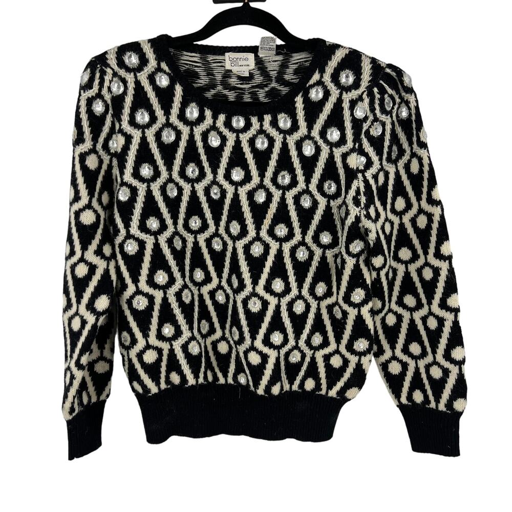 Vtg Bonnie & Bill NY Black White Beaded Sweater Lambswool‎ & Angora Women Medium